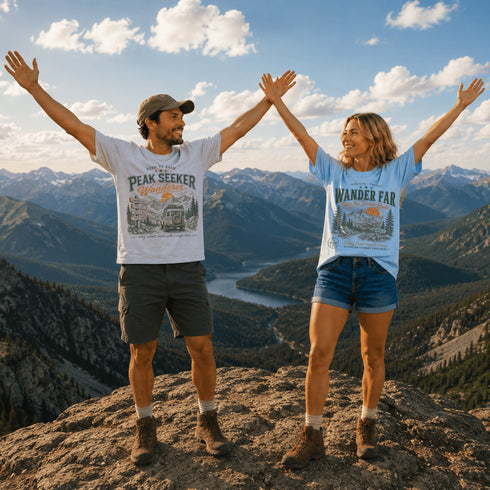 Two people standing on a mountain top with scenic view and 'Peak Seeker' t-shirts.
