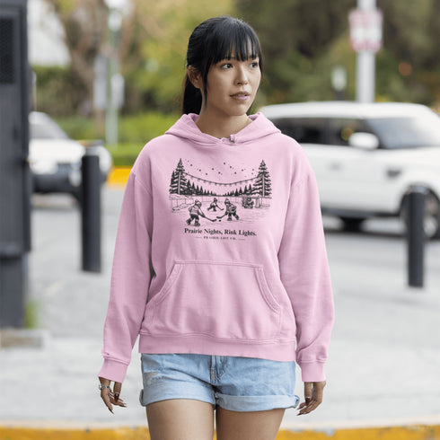 Nostalgic small town hockey hoodie inspired by pond hockey and community rink nights. Cozy fleece sweatshirt perfect for hockey moms and winter rink life.