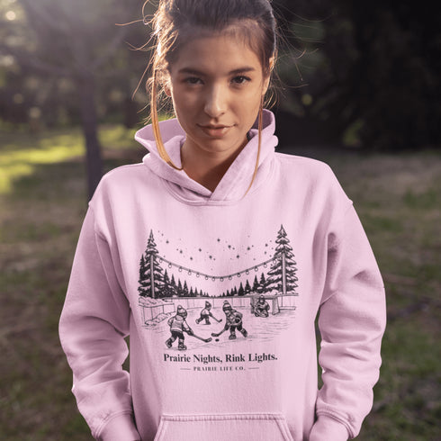 Nostalgic small town hockey hoodie inspired by pond hockey and community rink nights. Cozy fleece sweatshirt perfect for hockey moms and winter rink life.