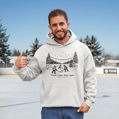 Nostalgic small town hockey hoodie inspired by pond hockey and community rink nights. Cozy fleece sweatshirt perfect for hockey moms and winter rink life.