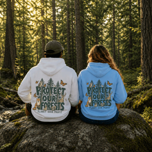 Two people sitting on a mossy rock in a forest, seen from behind, wearing matching hoodies with a large back graphic that reads “PROTECT OUR FORESTS” and “PLANET OVER PROFIT,” one in white and one in light blue.