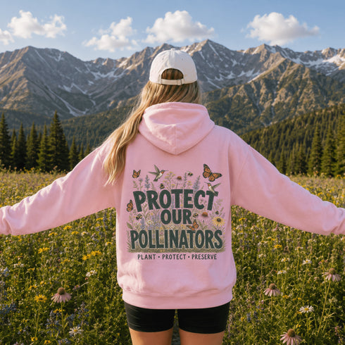 Unisex Gildan 18500 hoodie featuring a matching left chest graphic and a large vintage-inspired back design celebrating pollinators, wildflowers, bees, butterflies, and hummingbirds. Available in multiple colors for hiking, gardening, camping, nature lovers, and everyday outdoor wear.