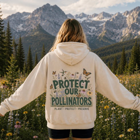 Unisex Gildan 18500 hoodie featuring a matching left chest graphic and a large vintage-inspired back design celebrating pollinators, wildflowers, bees, butterflies, and hummingbirds. Available in multiple colors for hiking, gardening, camping, nature lovers, and everyday outdoor wear.