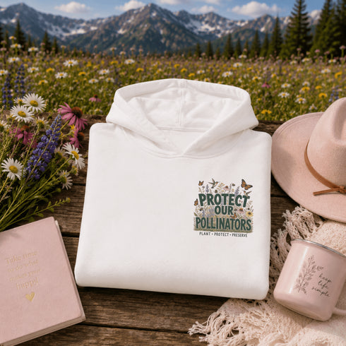 Unisex Gildan 18500 hoodie featuring a matching left chest graphic and a large vintage-inspired back design celebrating pollinators, wildflowers, bees, butterflies, and hummingbirds. Available in multiple colors for hiking, gardening, camping, nature lovers, and everyday outdoor wear.