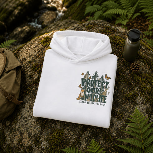 A folded white hoodie with a forest-themed graphic reading 'PROTECT OUR WILDLIFE' and 'LEARN BEFORE YOU BURN' is placed on a mossy rock outdoors, surrounded by ferns, with a green backpack and water bottle nearby.