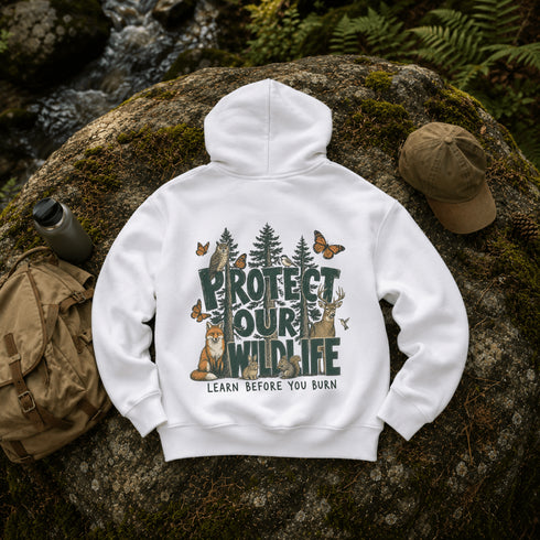 A white pullover hoodie laid flat on a mossy rock outdoors, showing the back graphic with trees, butterflies, a fox, and the text 'PROTECT OUR WILDFIFE' and 'LEARN BEFORE YOU BURN.' A tan cap, backpack, and water bottle are placed around it in a natural outdoor setting.