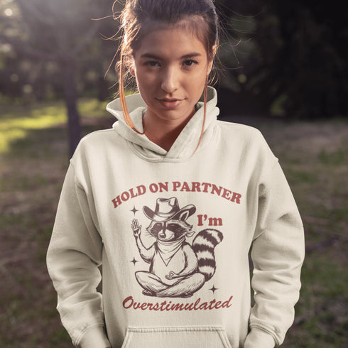 This hoodie combines the wisdom of the Wild West with the zen of overstimulation recovery. Featuring a raccoon—rocking a cowboy hat, and meditating.