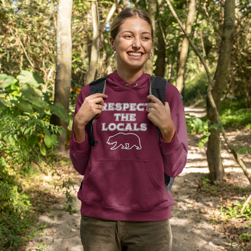 Introducing our rugged and stylish camping hoodie featuring a majestic bear design and the iconic phrase "Respect The Locals."