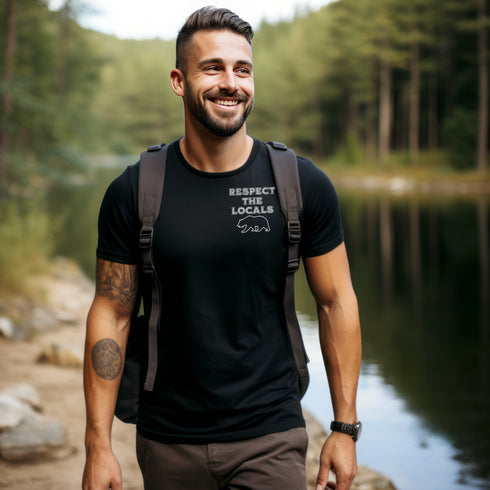 Introducing our latest camping t-shirt featuring a bear graphic and the empowering slogan "Respect The Locals".