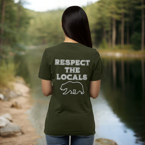 Introducing our latest camping t-shirt featuring a bear graphic and the empowering slogan "Respect The Locals".
