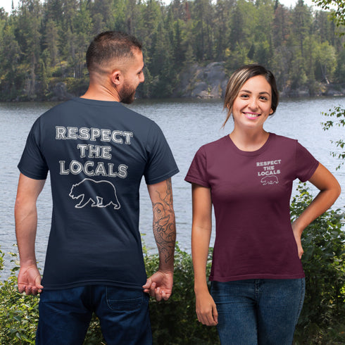 Introducing our latest camping t-shirt featuring a bear graphic and the empowering slogan "Respect The Locals".