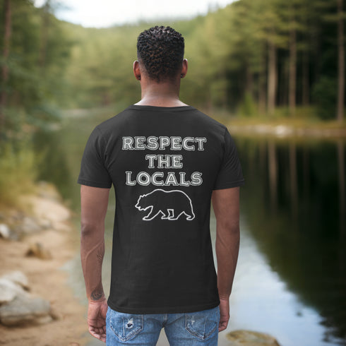 Introducing our latest camping t-shirt featuring a bear graphic and the empowering slogan "Respect The Locals".