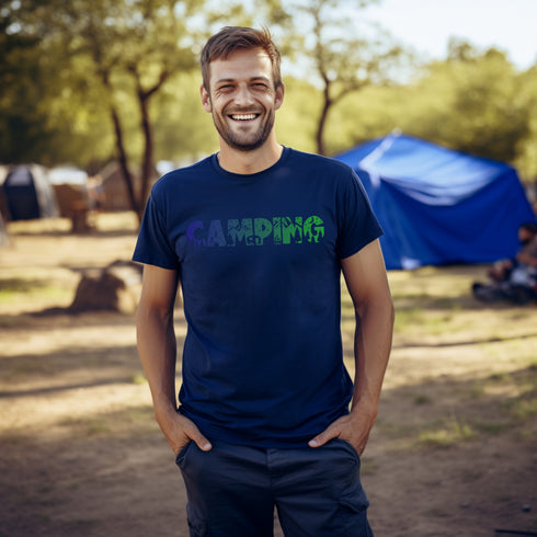 This unique tee features a captivating camping scene intricately etched inside the word "Camping," creating a stunning visual that captures the essence of outdoor adventure.