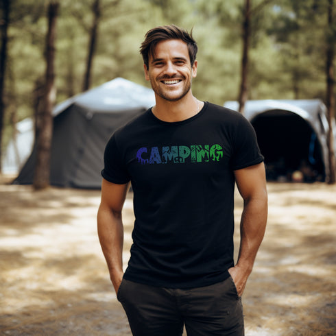 This unique tee features a captivating camping scene intricately etched inside the word "Camping," creating a stunning visual that captures the essence of outdoor adventure.