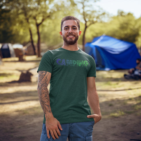 This unique tee features a captivating camping scene intricately etched inside the word "Camping," creating a stunning visual that captures the essence of outdoor adventure.