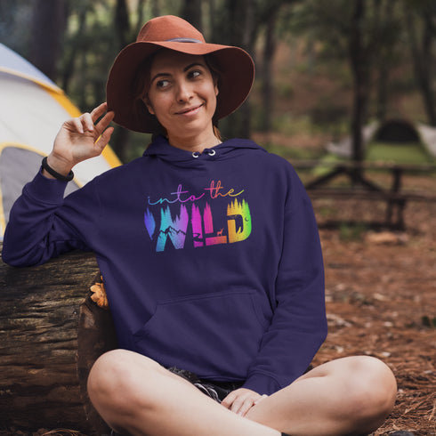Step into the wild with our unique camping hoodie, featuring a captivating camping scene intricately etched inside the words "Into The Wild".