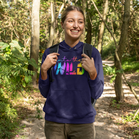 Step into the wild with our unique camping hoodie, featuring a captivating camping scene intricately etched inside the words "Into The Wild".