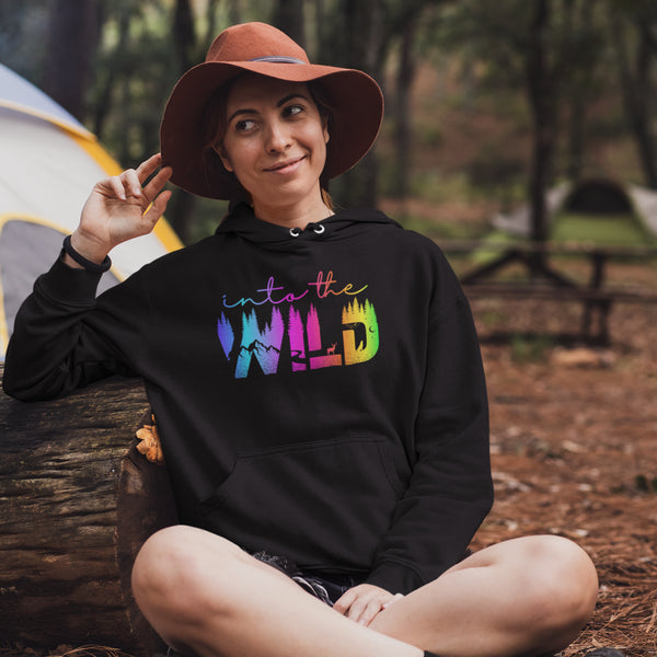Step into the wild with our unique camping hoodie, featuring a captivating camping scene intricately etched inside the words "Into The Wild".