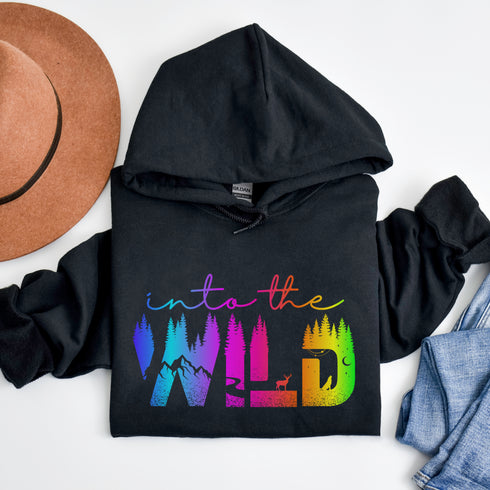 Step into the wild with our unique camping hoodie, featuring a captivating camping scene intricately etched inside the words "Into The Wild".