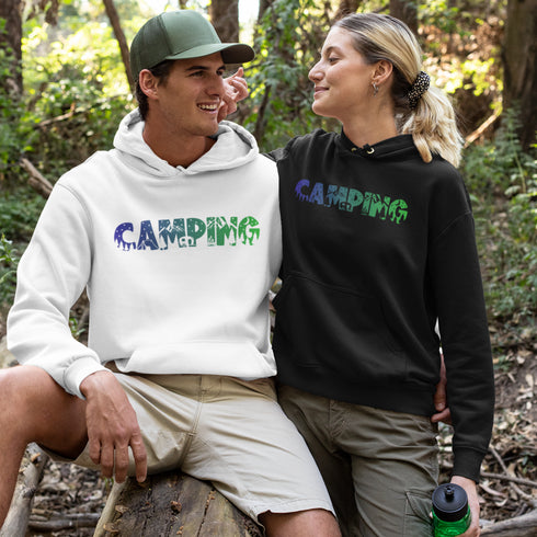 Crafted with comfort and style in mind, this hoodie features a unique camping scene etched into the word "CAMPING" on the front, adding a touch of nature to your wardrobe.
