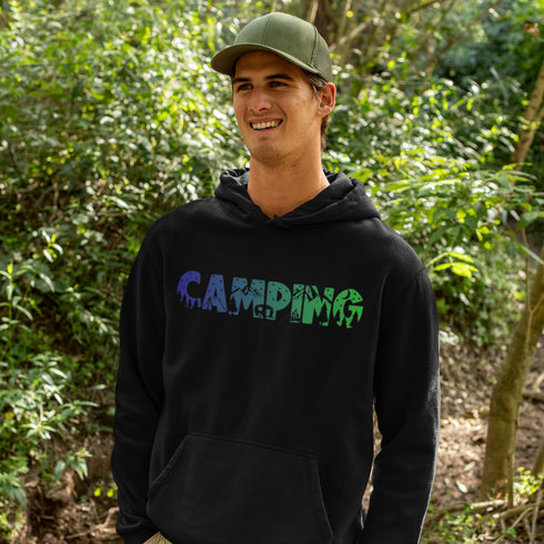 Crafted with comfort and style in mind, this hoodie features a unique camping scene etched into the word "CAMPING" on the front, adding a touch of nature to your wardrobe.