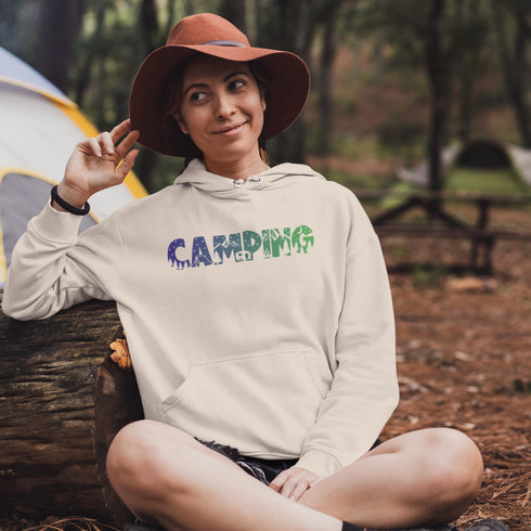Crafted with comfort and style in mind, this hoodie features a unique camping scene etched into the word "CAMPING" on the front, adding a touch of nature to your wardrobe.