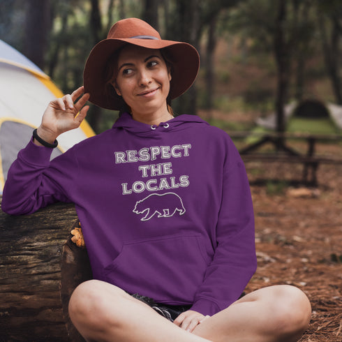 Introducing our rugged and stylish camping hoodie featuring a majestic bear design and the iconic phrase "Respect The Locals."