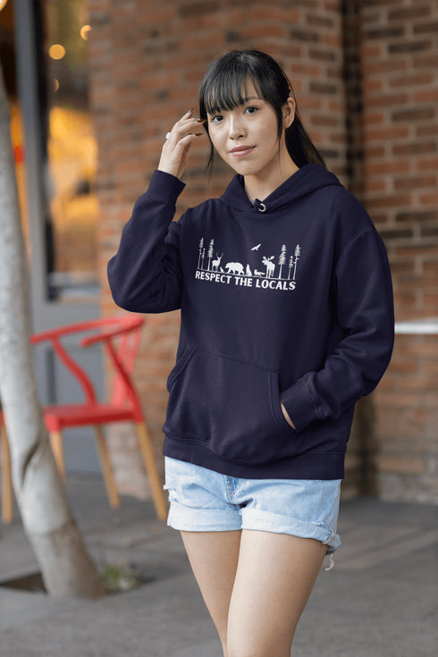 Step into the heart of the forest with our “Respect The Locals” hoodie, where artfully illustrated woodland animals roam under a canopy of trees.