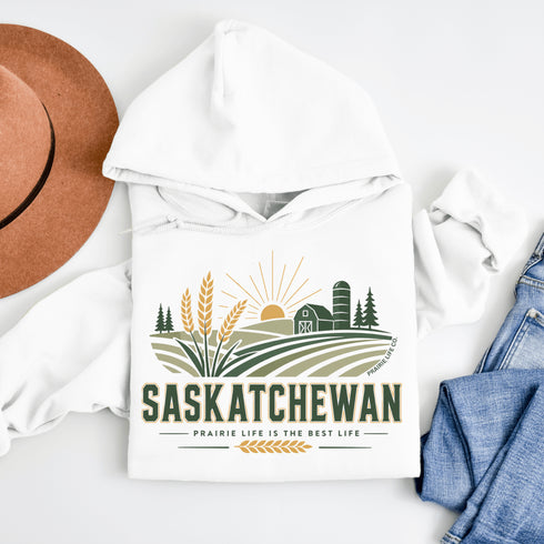Saskatchewan prairie life hoodie with farm and wheat field design