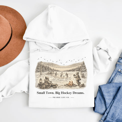 Small Town. Big Hockey Dreams. Hoodie – Vintage Pond Hockey Sweatshirt | Prairie Life Co.