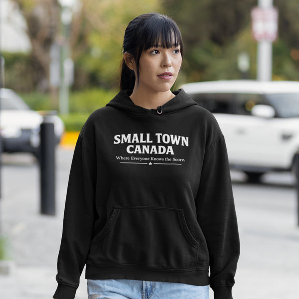 Cozy Small Town Canada hockey hoodie inspired by outdoor rink life. Warm fleece sweatshirt perfect for winter skating and small-town pride.