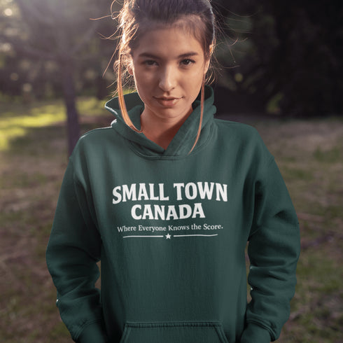 Cozy Small Town Canada hockey hoodie inspired by outdoor rink life. Warm fleece sweatshirt perfect for winter skating and small-town pride.