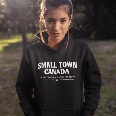 Cozy Small Town Canada hockey hoodie inspired by outdoor rink life. Warm fleece sweatshirt perfect for winter skating and small-town pride.
