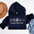 Navy blue hoodie with 'Soccer Mom Club' graphic on a white background