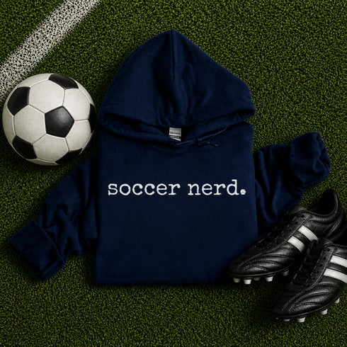 Navy “Soccer Nerd” hoodie with white text