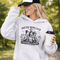 Soccer moms hoodie with “Soccer Moms Club Caffeine and Chaos” design featuring moms holding coffee cups and watching kids play soccer in the background