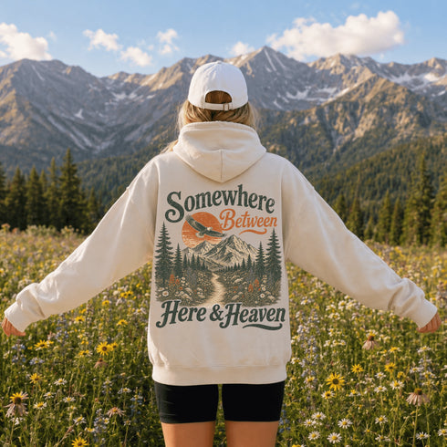 Vintage-inspired hoodie featuring a matching left chest graphic and large outdoor-themed back design on a unisex heavy blend hoodie shown in lifestyle and flat lay mockups.