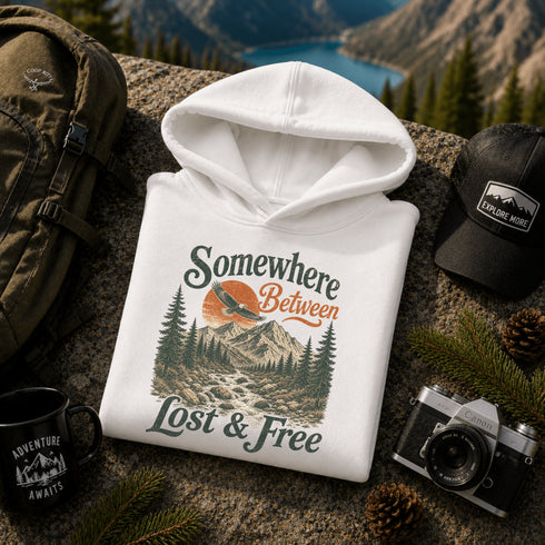 Vintage mountain adventure hoodie featuring a scenic outdoor landscape graphic on a Gildan 18500 Heavy Blend hoodie, shown in a lifestyle mockup. Available in multiple colors with a relaxed unisex fit.