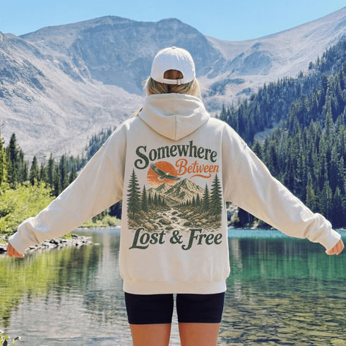 Somewhere Between Lost & Free Back Print Hoodie | Vintage Mountain Hiking Hoodie | Gildan 18500 Heavy Blend Sweatshirt