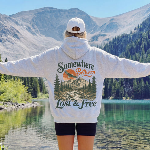 Somewhere Between Lost & Free Back Print Hoodie | Vintage Mountain Hiking Hoodie | Gildan 18500 Heavy Blend Sweatshirt