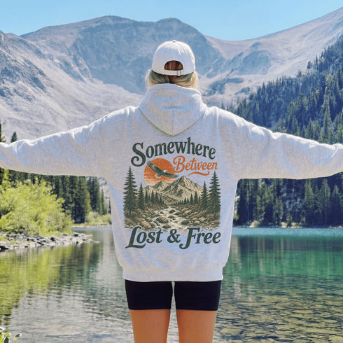 Somewhere Between Lost & Free Back Print Hoodie | Vintage Mountain Hiking Hoodie | Gildan 18500 Heavy Blend Sweatshirt