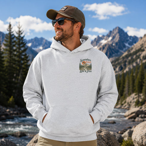 Somewhere Between Lost & Free Back Print Hoodie | Vintage Mountain Hiking Hoodie | Gildan 18500 Heavy Blend Sweatshirt