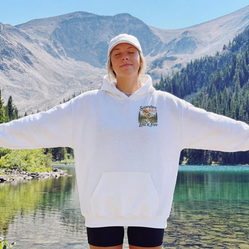 Somewhere Between Lost & Free Back Print Hoodie | Vintage Mountain Hiking Hoodie | Gildan 18500 Heavy Blend Sweatshirt