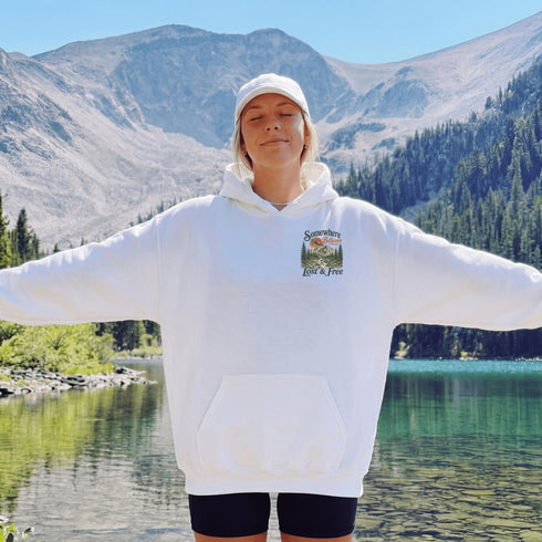 Somewhere Between Lost & Free Back Print Hoodie | Vintage Mountain Hiking Hoodie | Gildan 18500 Heavy Blend Sweatshirt
