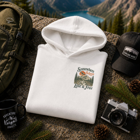 Somewhere Between Lost & Free Back Print Hoodie | Vintage Mountain Hiking Hoodie | Gildan 18500 Heavy Blend Sweatshirt