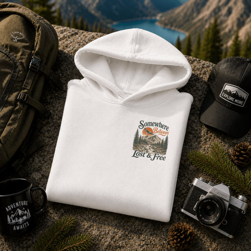 A folded white hoodie with a retro mountain graphic reading 'Somewhere Outdoors Lost & Free' is styled on a rock with a backpack, black cap, camera, mug, pine branches, and a mountain lake background.