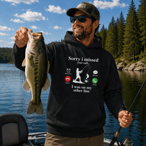 Unisex Gildan 18500 hoodie featuring a humorous fishing-themed graphic design, available in multiple colors for outdoor, lake life, camping, and everyday wear.
