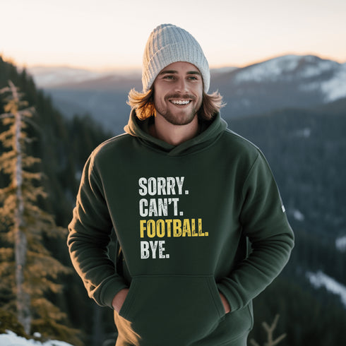 Introducing the "Sorry, Can’t, Football, Bye" Hoodie – because who has time for plans when there's a game on? Whether it’s a family dinner, your friend's birthday, or any non-football-related activity, this hoodie is your polite way of saying, "Not today, people."