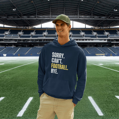 Introducing the "Sorry, Can’t, Football, Bye" Hoodie – because who has time for plans when there's a game on? Whether it’s a family dinner, your friend's birthday, or any non-football-related activity, this hoodie is your polite way of saying, "Not today, people."