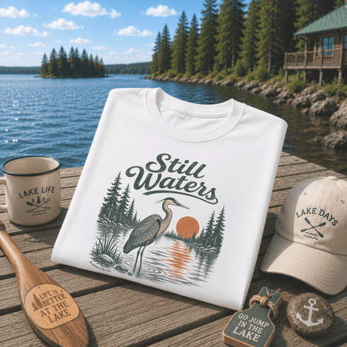 Still Waters Heron T-Shirt | Lake Life Nature Graphic Tee